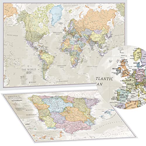 Póster del Mapa Mundi + REGALADO: Un Mapa de España y Portugal | Diseñando Mapas para 50 años | Maps International - Detalles Cartográficos |Colores clásicos