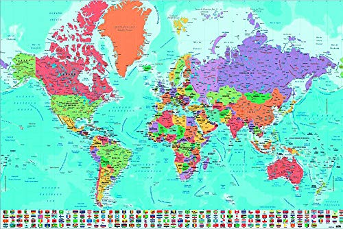 Póster Mapa del Mundo con Banderas y Leyenda - Versión en Español (91,5cm x 61cm) + 1 póster sorpresa de regalo