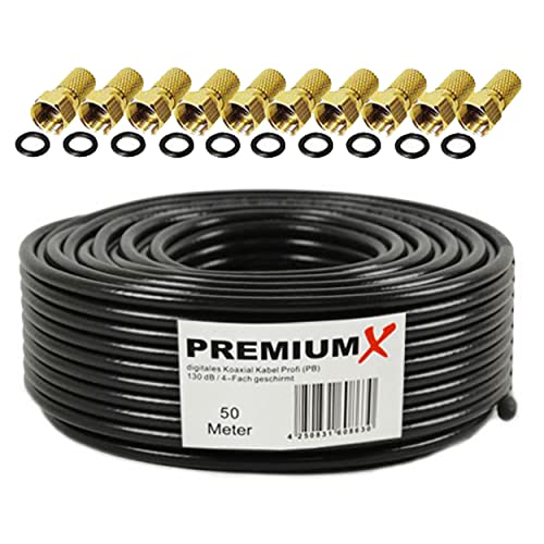 PremiumX Profesional Set de Cables Coaxiales 50m – Cable Satelital Negro | Cobre Puro | Cable de Antena Blindado de 4 vías | Incluye 10 Conectores F-Admite 8K, 4K UHD y 3D para Sat, Cable, DVB-T