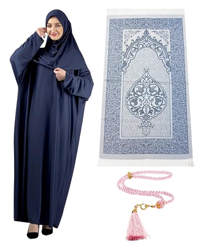 Prien Vestido de oración para mujer con alfombra hiyab Tasbih, conjunto musulmán, ropa islámica Abaya Jilbab Dubai caftán para Eid Ramadán, Azul marino, Talla única