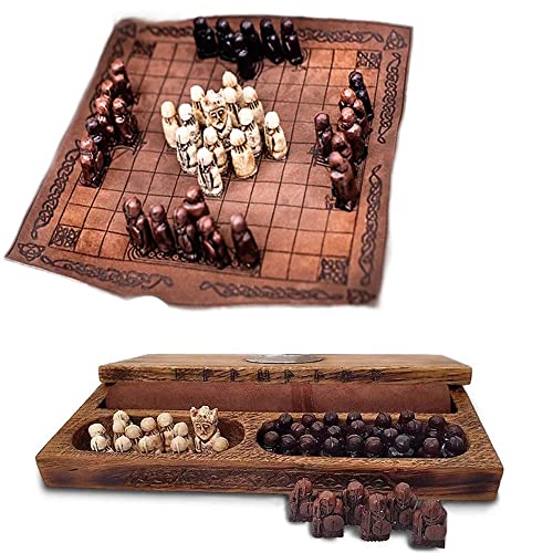 QNQA Juego de ajedrez medieval, juego de ajedrez vikingo, piezas de ajedrez vikingo, juego de ajedrez vikingo Hnefatafl para adultos/niños, tablero de ajedrez, 8.6 x 8.6 pulgadas, marrón