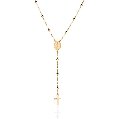 Quadri - Collar de oro de 18kt sobre Plata 925 con cuentas de rosario y cruz en forma de Y para mujeres y hombres - Collar de 48 cm. Certificado Made in Italy