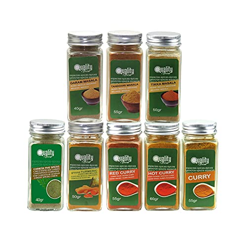 QUALITY FOOD QF SPAIN Pack de especias Masala. Ideal para regalo y uso diario. 8 Tarros de cristal, reutilizables. 5 especias chinas, Curry Dulce, Picante y Rojo, Garam, Tikka, Tandoori