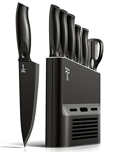 Randalfy 6 Piezas Juego de Bloques Cuchillos de Cocina con Mango Ergonómico y Acero Inoxidable con Alto de Carbono, Incluye pan, chef, cuchillos para frutas y tijeras de cocina, Negro