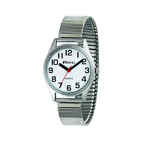 Ravel - Reloj Unisex Pulsera de Acero Inoxidable con Grandes números y Agujas - Tono Plateado/Esfera Blanca