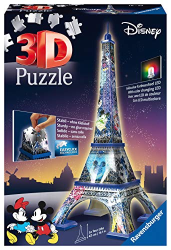 Ravensburger - 3D Puzzle Disney Tour Eiffel, Night Edition con Luces 216 Piezas, 8+ Años