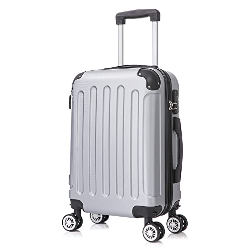 RAYKONG Maleta Cabina ABS 55x40x20cm (40L) - Trolley pequeña Equipaje de Mano - 4 Ruedas Dobles Giratorias 360ª - Plateado