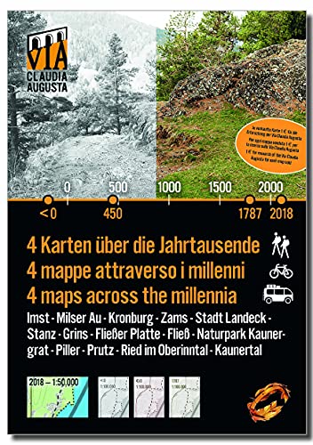 Región TirolWest Landeck Venet Fließ 10/30 en la Vía Claudia Augusta - 3 mapas históricos + 1 actual lleno de consejos de excursiones y experiencias de vacaciones - "4 mapas a través de los milenios"