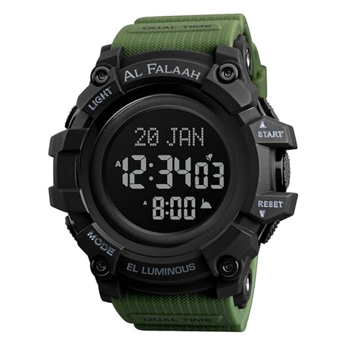 Reloj con Horas de Oración para Hombre Musulmán. Pitido en la Plaza de l'Azan. Deportiva y resistente, pulsera verde, esfera negra de 55 mm., Negro / Army Green