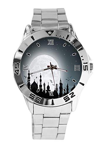 Reloj de Pulsera analógico con diseño de Luna islámica, de Acero Inoxidable, para Mujer y Hombre, Color Plateado