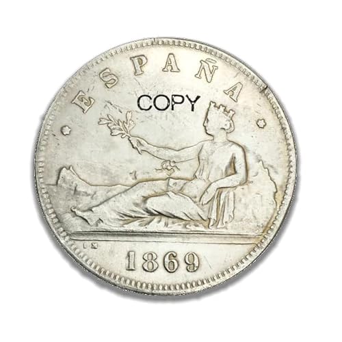 Réplica de calidad de moneda histórica: España 5 Pesetas "Gobierno Provisional" 1869. Fabricada en latón y bañada en plata.