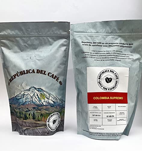 República del café- Café en grano 100% Arábica COLOMBIA SUPREMO - Café de origen - Tueste natural artesano - Paquete de café de 450 gramos con cierre zip y válvula