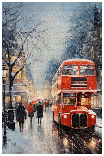 Rompecabezas de Madera de 1000 Piezas, para Adultos, Paisaje navideño Invernal en Regent Street, Londres, Reino Unido, autobús Retro de Dos Pisos (B ; 1000)