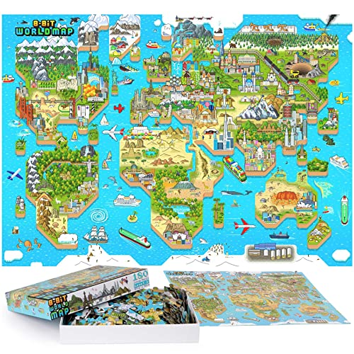 Rompecabezas de Mapa Mundial para niños - Rompecabezas de Mapa Mundial de 180 Piezas Estilo de Juego Retro 8 bits - Regalos de geografía de cartón 100% Reciclado - Rompecabezas para niños de bopster