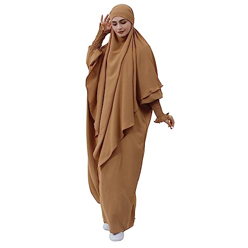Ropa de oración para mujer, 2 piezas Abaya Musulmana Mujer con Khimar Hijab Abaya Vestido Suelto Manga Larga Maxi Musulmanes Vestidos Mujer con Jilbab Burka Ropa de Cuerpo Completo, Braun 2, Talla