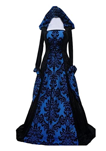 Ropa gótica para mujer, vestido medieval estilo vintage largo hasta el suelo, vestido de princesa renacentista, cintura sujeta y capucha. Para cosplay, fiesta, Halloween, carnaval, disfraz, azul, S