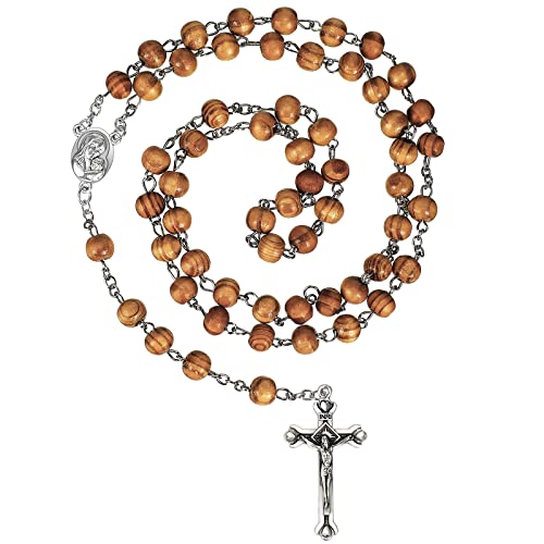 Rosario Religioso con Cuentas de Madera de Olivo Collar de Cuentas de Oración Católico Cadena de Cuentas Religiosa Joyería Sagrada con Medalla Crucifijo Plata para Mujeres Hombres Niños