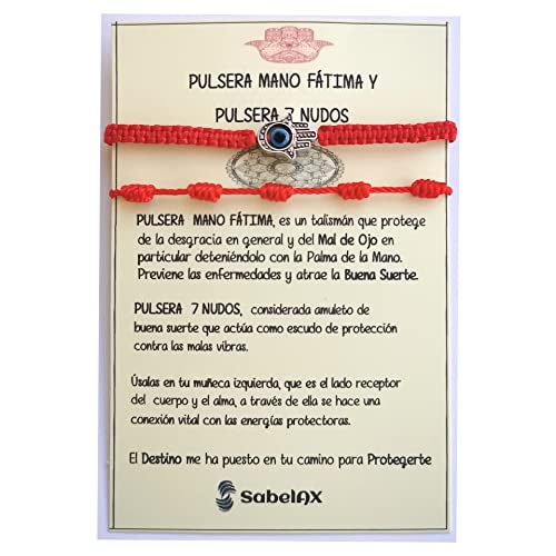 SabelAX - Pulsera 7 Nudos Roja - Pulsera Mano de Fatima Ojo Turco - Pulsera Hilo Rojo - Amuleto Mal de Ojo - Amuletos de Buena Suerte - Para Mujer, Hombre, Parejas - Kabbalah (Roja)