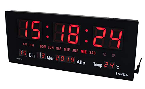Sanda SD-4130 Reloj Digital de Pared y Mesa Led Color Rojo Calendario Termometro Alarma Despertador Clock Hora Fuente de Alimentacion