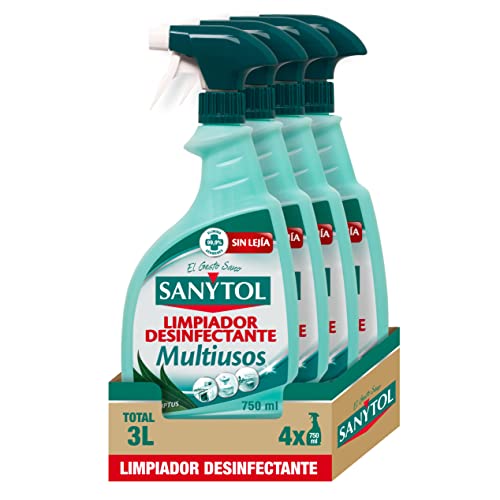 Sanytol - Limpiador Desinfectante Multiusos, Elimina Bacterias, Hongos y Virus Sin Lejía, Perfume Eucaliptus - Pack de 4 x 750 Ml = 3L