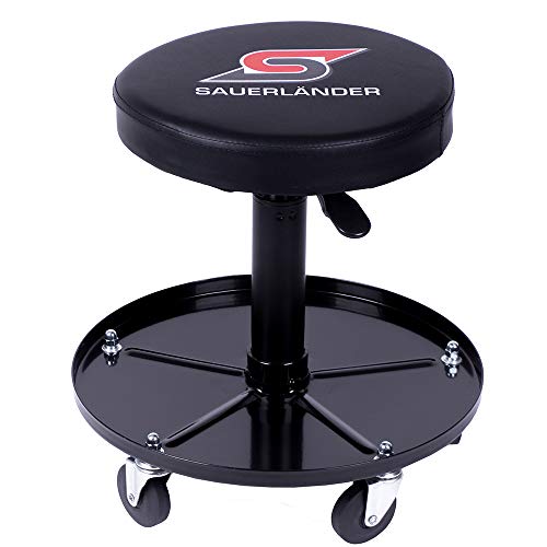 Sauerländer Taburete de taller con 5 ruedas, silla de taller, asiento de taller, altura regulable y giratorio, taburete de ruedas para el taller, estante para herramientas y tornillos, taburete