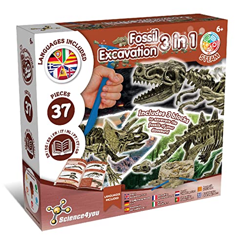 Science4you Excavación Fósiles Dinosaurios 3 en 1 - Juguete Dinosaurios para Niños 5-10 Años - Juego Arqueologia con 37 Piezas, T Rex, Triceratops y Stegosaurus - Jurassic Kit Experimentos