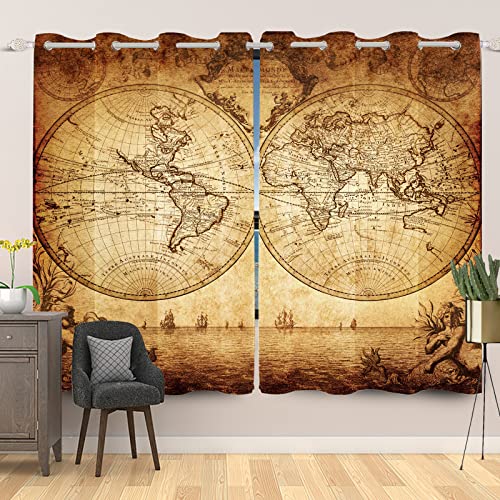 SDOTPMT 107x160cm Mapa Mundial Cortina de Ventana Antiguo Mapa Histórico Geografía Educativo Cortinas Ventana Antiguo Nostálgico Cortinas Opacas para Salón Dormitorio Cortinas Opacas, 2 Paneles