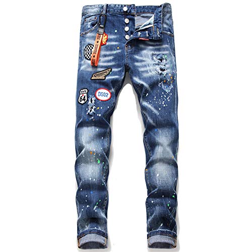 Segindy Pantalones Vaqueros Rasgados para Hombre Parche de Moda Estiramiento Delgado Tendencia Personalidad Pintura de Salpicadura Costura Pantalones de Mezclilla Rectos Lavados 38