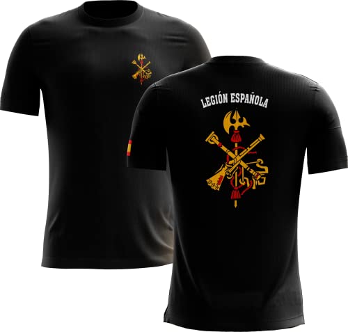 SERMILITAR Camiseta de la Legión española Negra con el Escudo de españa en el Brazo. Legión del ejército de Tierra español. Fuerzas Armadas españolas. Ejército español. S