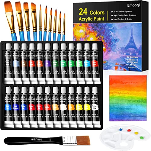 Set de 24 Tubos de Pinturas Acrilicas, Buluri 24 Colores x 12ml Pintura Acrílica con 10 Pinceles 1 Paleta 1 Lienzo, para Tela, Cerámica, Arcilla, Madera y Tela