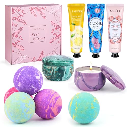 Set de Regalo de Bombas de Baño, 5 Sales de Baño con Aceites Esenciales, 2 Velas Perfumadas Aromáticas, 3 Crema Manos, Spa Relajante Baño de Burbujas Regalos para Mujer, Madre, Valentín y Navidad