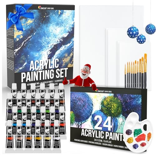 Set Pinturas Acrílicas (40 piezas) Zenacolor - 24x12ml Pinturas acrilicas para lienzos, 5 lienzos para Pintar Acrilico, 10 Pinceles, 1 Paleta - Set Pintura Acrilica para Artistas