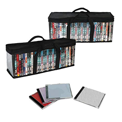 SILD Inicio Bolsas de almacenamiento de DVD Media Case Holder Organizador Bolsa con capacidad para 80 DVDs Negro Apilables Soportes de DVD para BluRay/Películas/Medios/PS4 Videojuegos (paquete de 2)