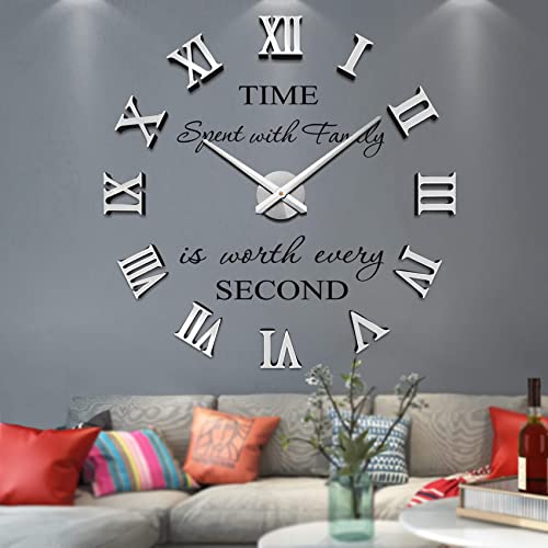 Silenciar DIY Frameless Gran Reloj De Pared Números Romanos 3D Relojes De Pared Espejo Pegatina para Ministerio del Interior Decoraciones (Plata)