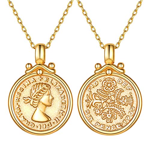Silvora S925 Plata Moneda 6 Penique, Collar Plata Mujer con Oro baño Reina Elizabeth Colgante Medalla de plata de ley 925