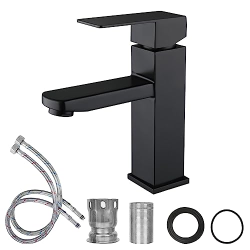 SLFYEE Grifo de Baño 180mm Negro Grifo Baño Mate Acero Inoxidable Monomando Agua Gria y Caliente con Mangueras Grifo Baño para Tocadores Lavabos Baño