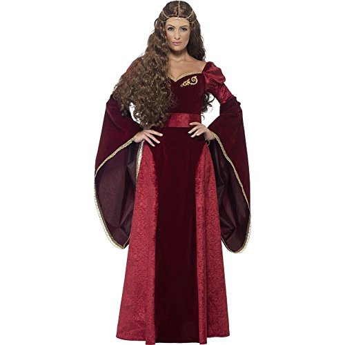 Smiffys 27877L - Disfraz de reina medieval de lujo, con vestido, cinturón y adorno para cabeza, Rojo, L - EU Tamaño 44-46