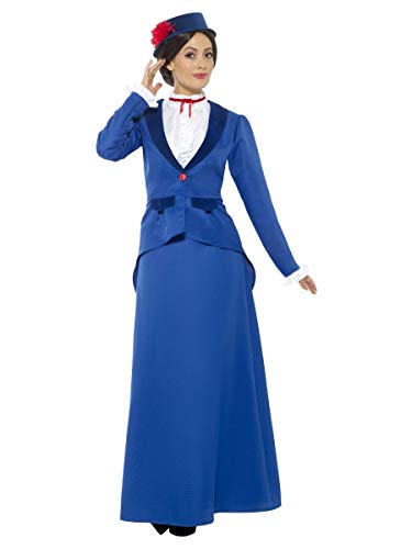 Smiffys-46753S Disfraz de niñera Victoriana, con Chaqueta con Camisa postiza, Falda y som, Color Azul, S-EU Tamaño 36-38 (Smiffy'S 46753S)