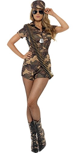 Smiffys- Miffy Disfraz de Mujer Soldado Sexy, Camuflaje, con Mono de Pantalones Cortos, cinturó, Color, M - EU Tamaño 40-42 (28864M)