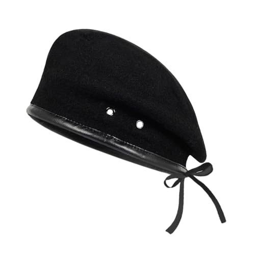 Sozakka Boinas Militares Hombre con Ribete de Cuero Boina de Comando Ajustable Mujer Sombrero Boina Gorro Boina de Lana de Imitación Boinas Estilo Militar Negro Boinas Vascas para Mujeres, 56-58cm