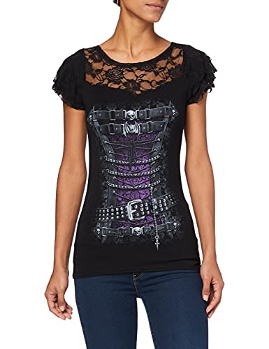 Spiral - Waisted Corset - Camiseta con Mangas de Casquillo - Capas de Encaje en los Hombros - Negro - XXL