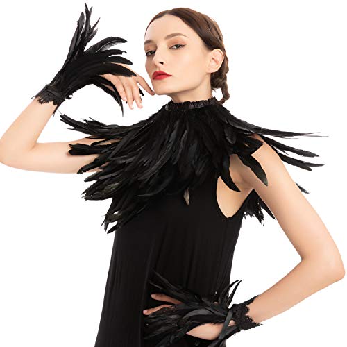 Spooktacular Creations Negro Reina Malvada Accesorios Set con manto de plumas y brazalete de plumas para Halloween Cosplay Fiesta Gothic Crow Maleficent Disfraz Dress Up