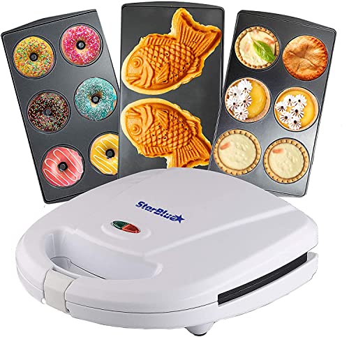 StarBlue - Máquina para hacer minidonas, minitartas y quiches, perfecta para cocinar taiyakis y postres, con 3 placas desmontables, blanco, CA 220-240 V, 50/60 Hz y 700-800 W