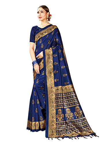 STYLE INSTANT - Saris para mujer, sari mysore de seda con estampado artístico, regalo étnico indio tradicional, sari de boda con blusa sin costura, azul marino, talla única