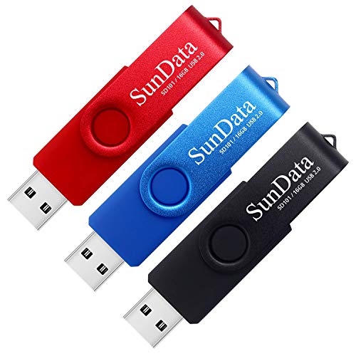 SunData 16GB Memorias USB 3 Piezas PenDrives 16GB Unidad Flash USB2.0 Giratoria Pen Drive con Luz LED (3 Colores: Negro Azul Rojo)