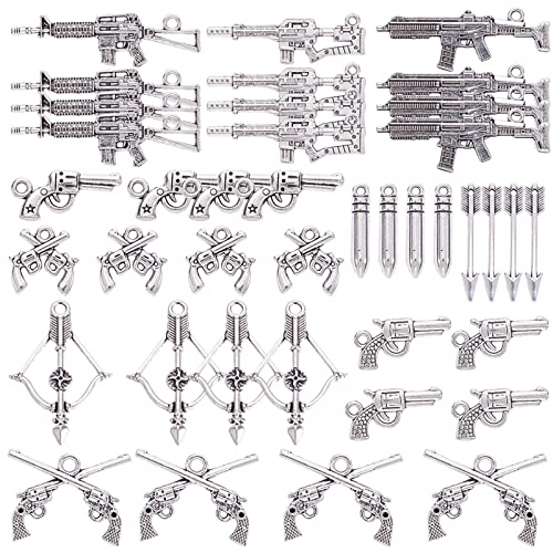 SUNNYCLUE 48pcs 12 Estilos Pistola de Plata Antigua Pistola de Tiro con Arco Granada Arma Encantos Colgantes para Pendiente Pulsera Fabricación de Joyas, Sin Plomo Y Cadmio