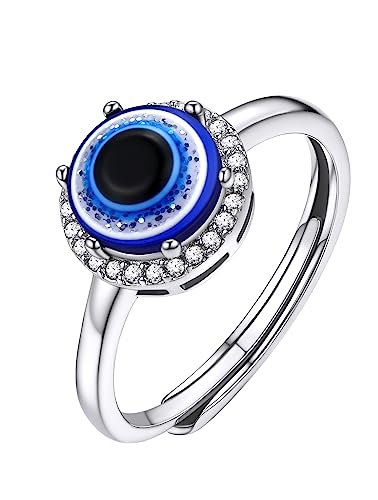 Supcare Anillo de Ojo Turco Anillo de Dedo Ojo de Diablo Azul Anillo Bisutería Plata de Ley 925 Anillo Giratorio Divertido Adjustable Abierto con Regalo de Caja (02B-Diseño circonio blanco)