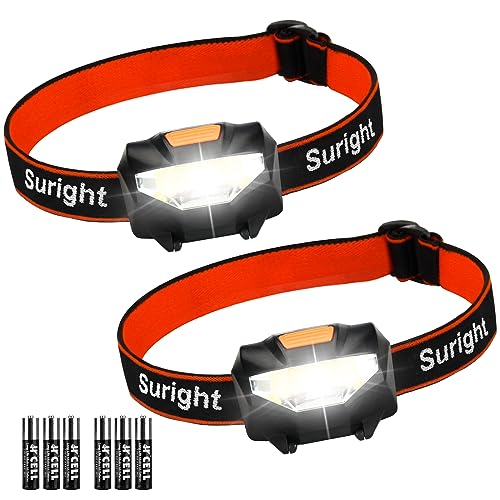 Suright Linterna Frontale, 2 Piezas Linterna Cabeza con 3 Modos de Iluminación y 60° Ajustable Ángulo, Lampára de Cabeza Impermeable con 6 Pilas AAA para Correr, Acampar, Cenderismo, Pesca, Ciclismo