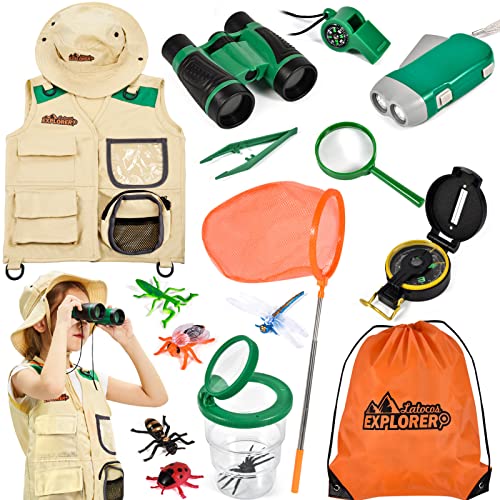 Tacobear Kit Explorador Niños Aire Libre Aventura Juguetes con Chaleco Sombrero Prismáticos Lupa Cazamariposas Brújula Juguetes Educativo Juguetes de Exploración Regalo para Niños Niñas (Verde)