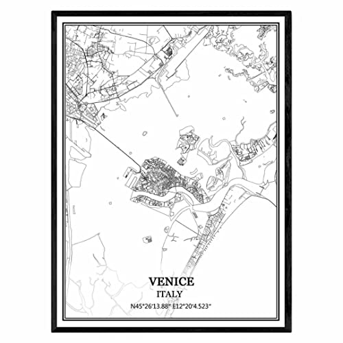 TANOKCRS Venecia Italia Mapa de pared arte lienzo impresión cartel obra de arte sin marco moderno mapa en blanco y negro recuerdo regalo decoración del hogar